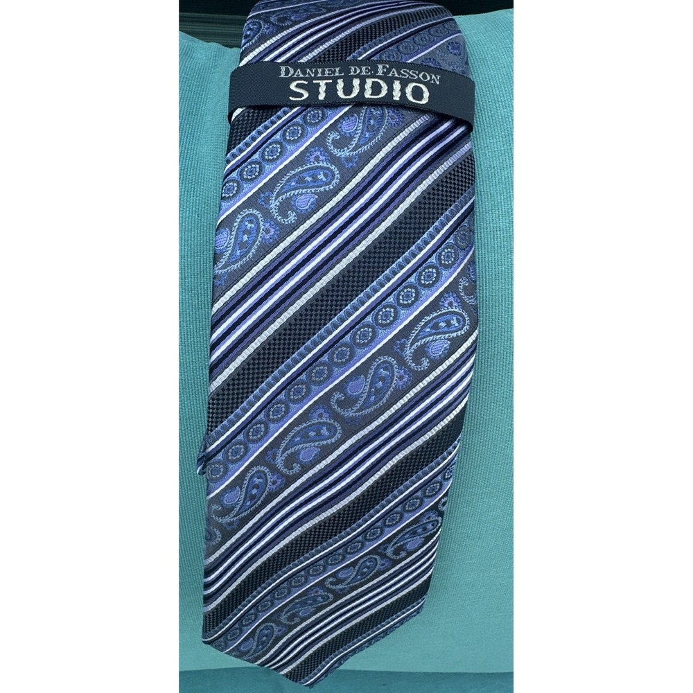 DANIEL DE FASSON Handmade 100% Silk Neck Tie Paisley Stripe‎ Combo 58 X 3.25 "
